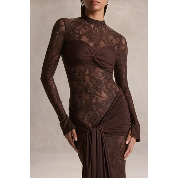 Akira | Robe longue en dentelle marron avec détail ceinture drapée