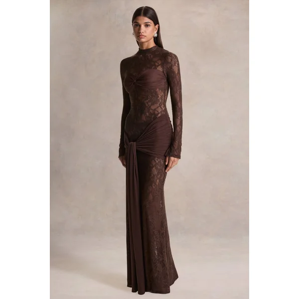 Akira | Robe longue en dentelle marron avec détail ceinture drapée