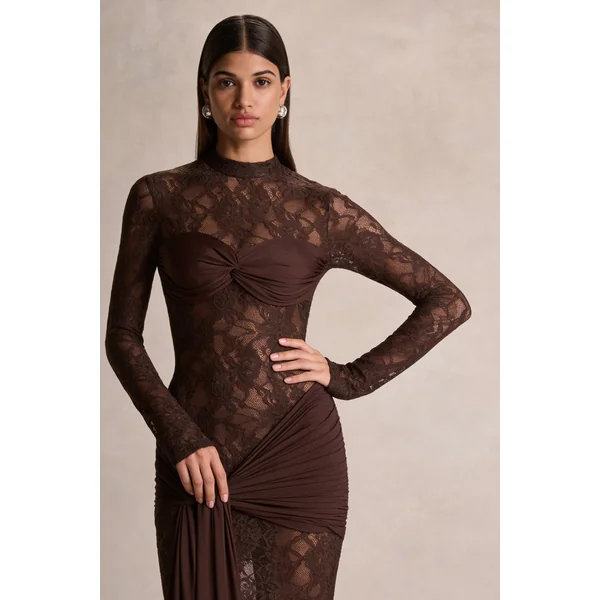 Akira | Robe longue en dentelle marron avec détail ceinture drapée