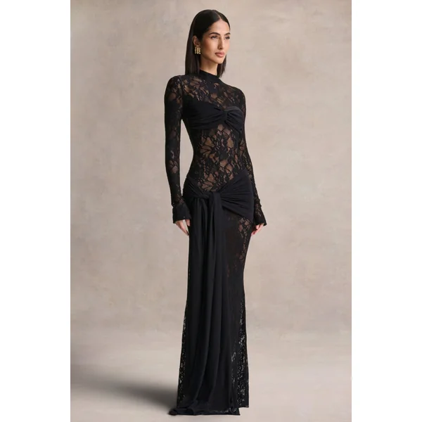 Akira | Robe longue noire en dentelle
