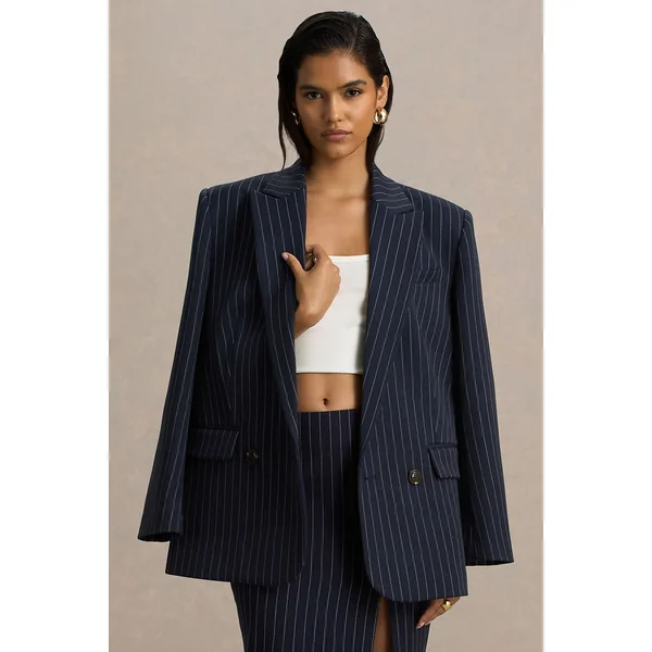 Alana | Blazer tailleur à fines rayures bleu marine avec décolleté plongeant