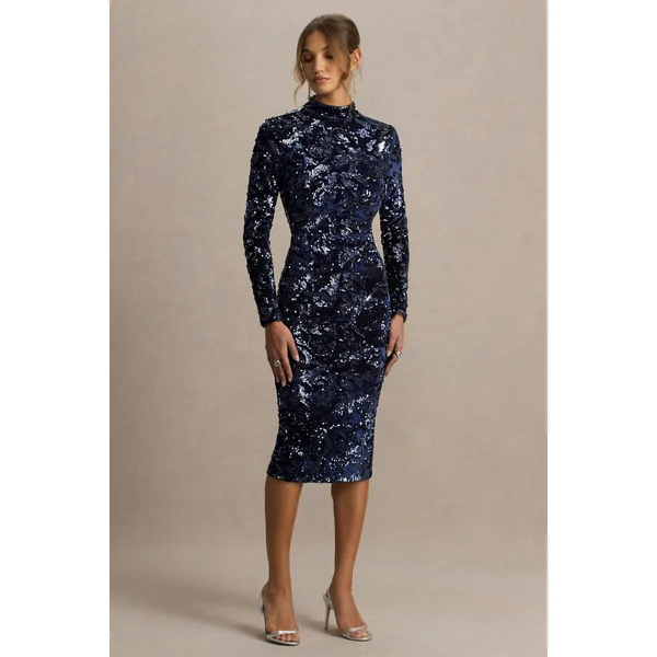 Alanita | Robe mi-longue bleu marine en velours et sequins à col montant et manches longues