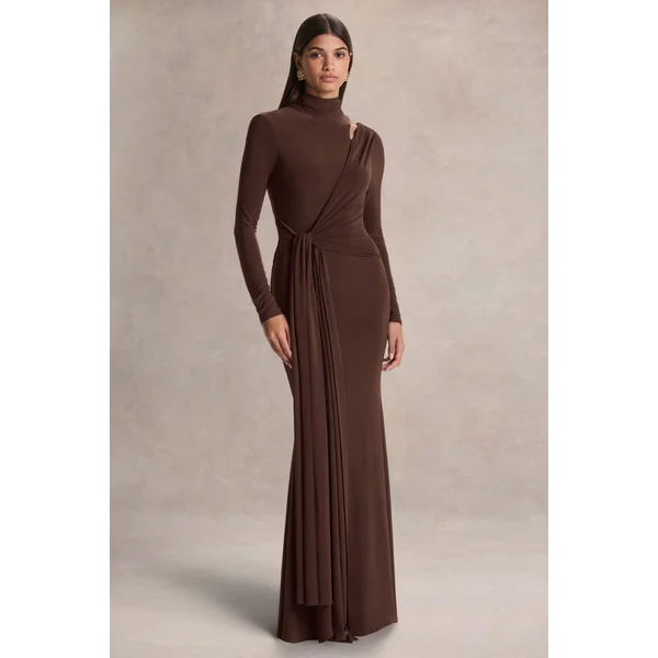 Alastrina | Robe longue marron à encolure haute avec fronces