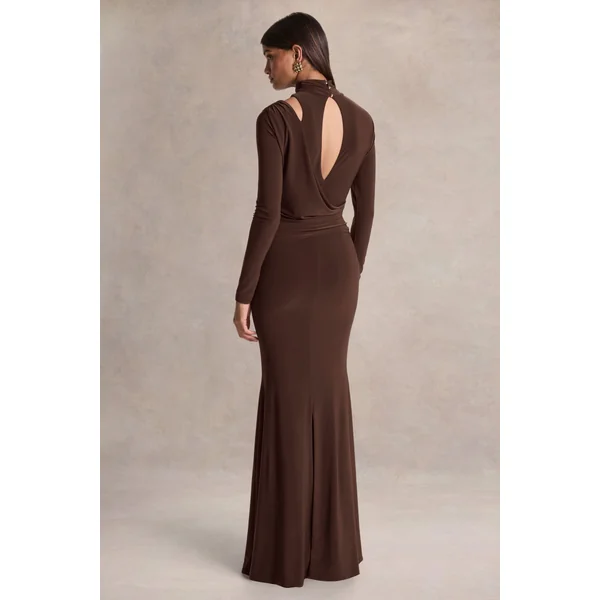 Alastrina | Robe longue marron à encolure haute avec fronces
