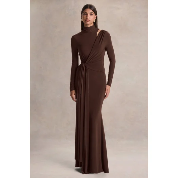 Alastrina | Robe longue marron à encolure haute avec fronces