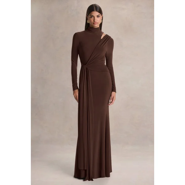 Alastrina | Robe longue marron à encolure haute avec fronces