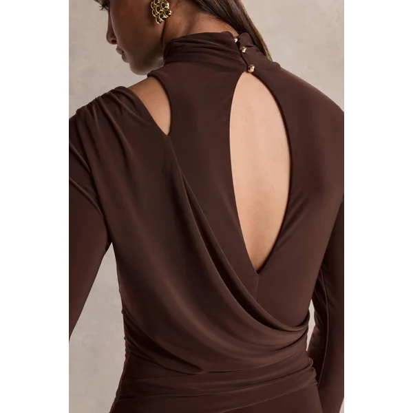 Alastrina | Robe longue marron à encolure haute avec fronces