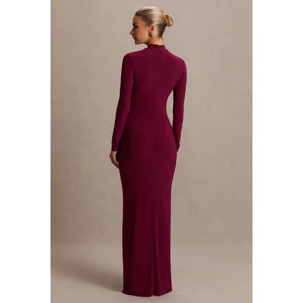 Alejandra | Robe longue de maternité bordeaux à manches longues et col montant