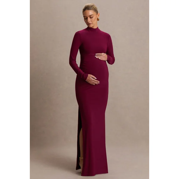 Alejandra | Robe longue de maternité bordeaux à manches longues et col montant