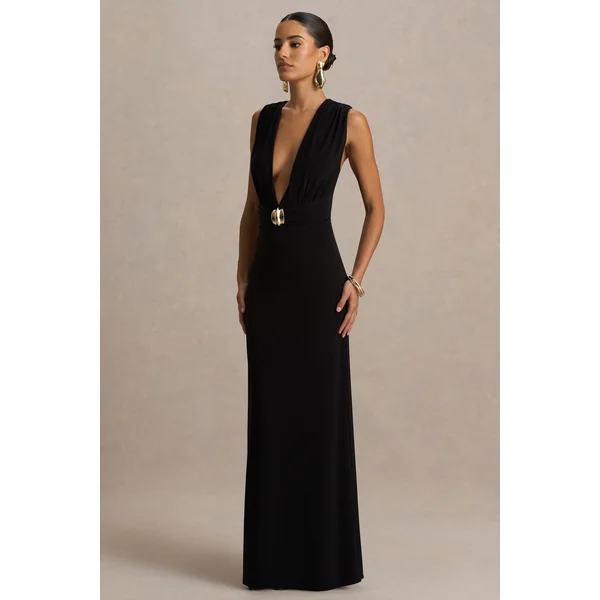 Alena | Robe longue noire à décolleté plongeant extrême avec détail doré