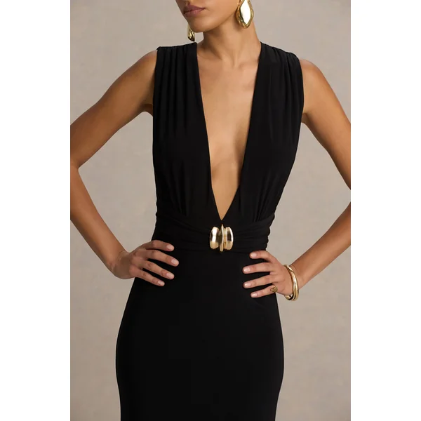 Alena | Robe longue noire à décolleté plongeant extrême avec détail doré