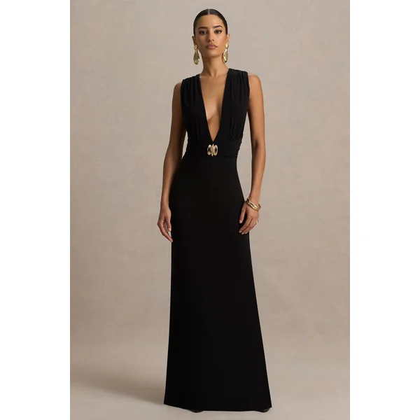 Alena | Robe longue noire à décolleté plongeant extrême avec détail doré