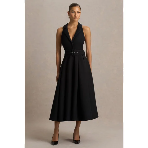 Alessa | Robe mi-longue noire à coupe tailleur et décolleté plongeant