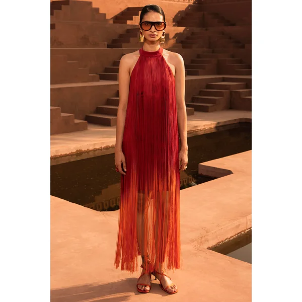 Alessia | Mini-robe à col montant franges dégradé orange