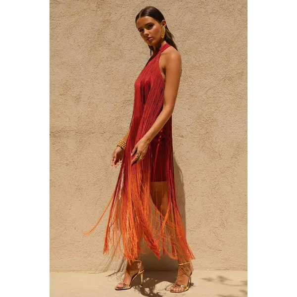 Alessia | Mini-robe à col montant franges dégradé orange