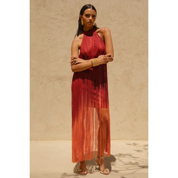 Alessia | Mini-robe à col montant franges dégradé orange