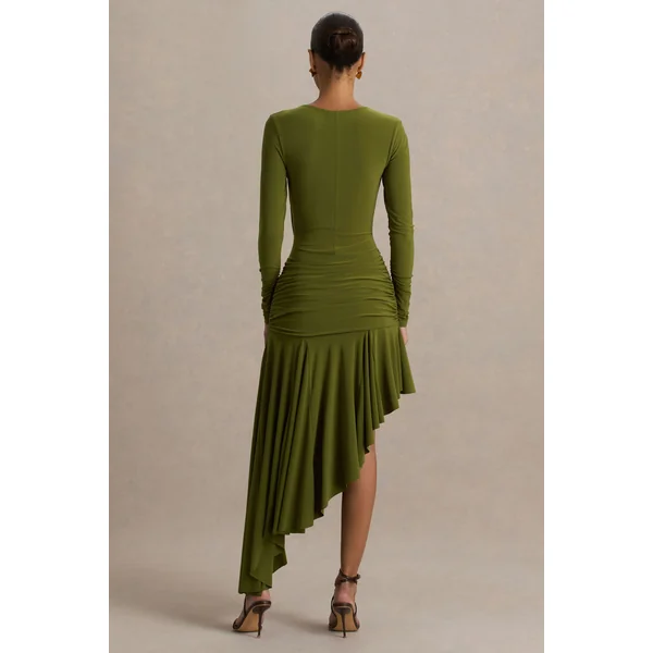Alexia | Robe longue verte à encolure asymétrique avec détails dorés et fronces