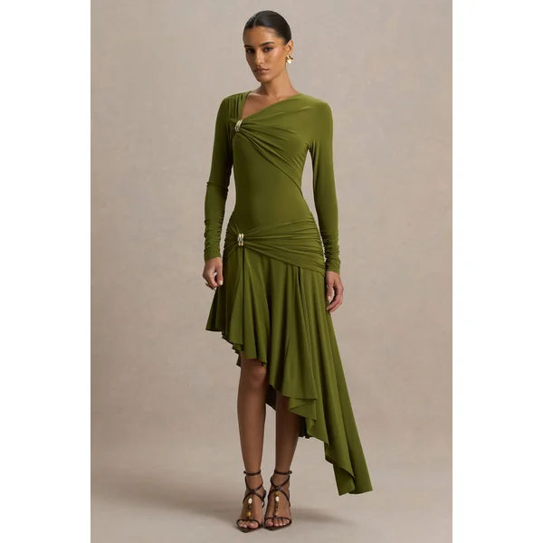 Alexia | Robe longue verte à encolure asymétrique avec détails dorés et fronces