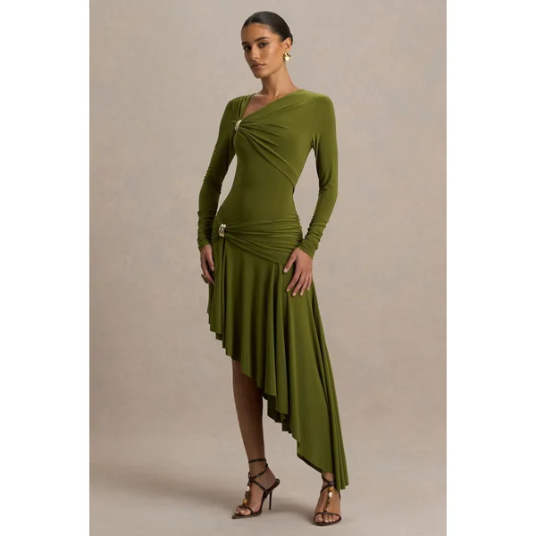 Alexia | Robe longue verte à encolure asymétrique avec détails dorés et fronces