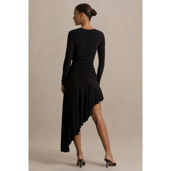 Alexia | Robe noire longue à encolure asymétrique avec ornements et détails froncés
