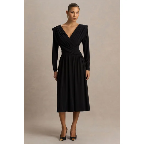 Alexis | Robe longue noire à décolleté plongeant avec détails drapés et froncés