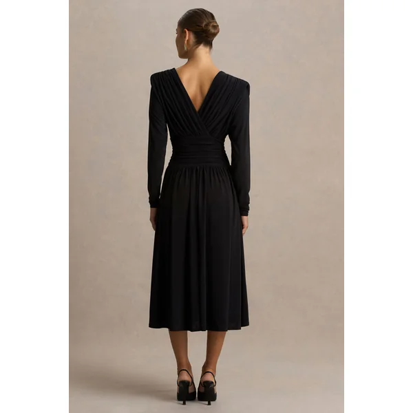 Alexis | Robe longue noire à décolleté plongeant avec détails drapés et froncés