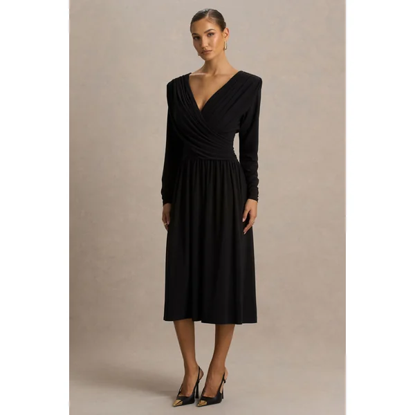 Alexis | Robe longue noire à décolleté plongeant avec détails drapés et froncés