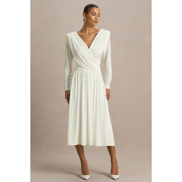 Alexis | Robe mi-longue blanche à décolleté plongeant avec drapés et détails froncés