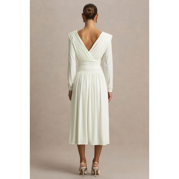Alexis | Robe mi-longue blanche à décolleté plongeant avec drapés et détails froncés