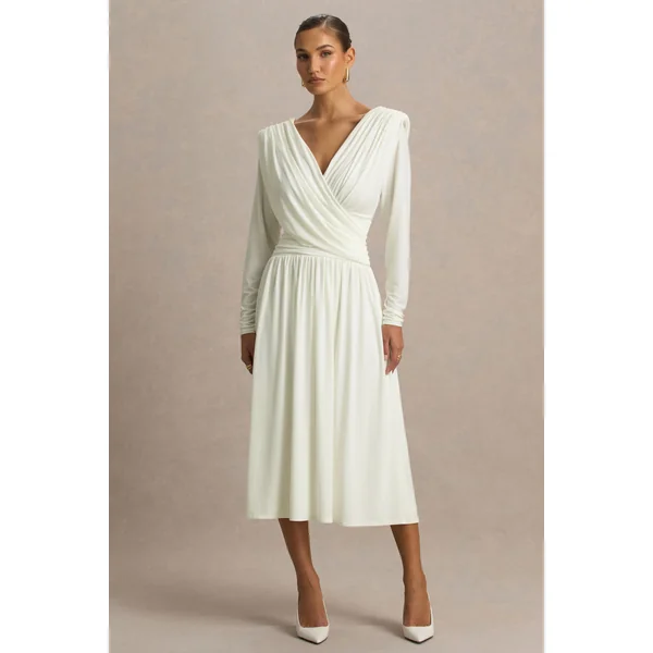 Alexis | Robe mi-longue blanche à décolleté plongeant avec drapés et détails froncés