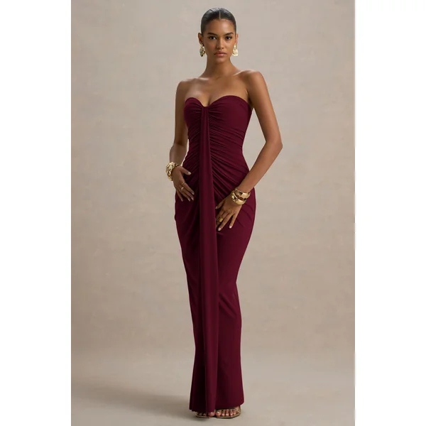 Ali | Robe Longue Bordeaux à Décolleté Cœur Froncé avec Détail Drapé