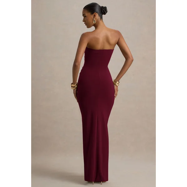 Ali | Robe Longue Bordeaux à Décolleté Cœur Froncé avec Détail Drapé