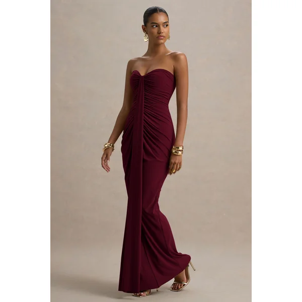 Ali | Robe Longue Bordeaux à Décolleté Cœur Froncé avec Détail Drapé