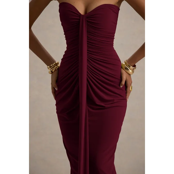 Ali | Robe Longue Bordeaux à Décolleté Cœur Froncé avec Détail Drapé