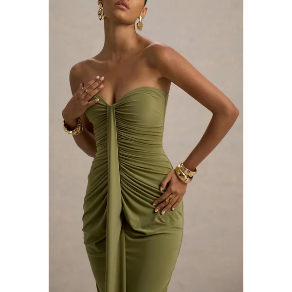 Ali | Robe longue cache-cœur olive à décolleté cœur et détails froncés