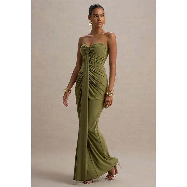 Ali | Robe longue cache-cœur olive à décolleté cœur et détails froncés