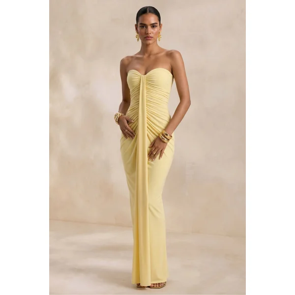 Ali | Robe longue jaune avec décolleté cœur froncé et effet noué