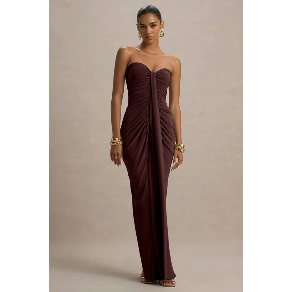 Ali | Robe Longue Marron à Encolure Cœur Froncée et Drapée