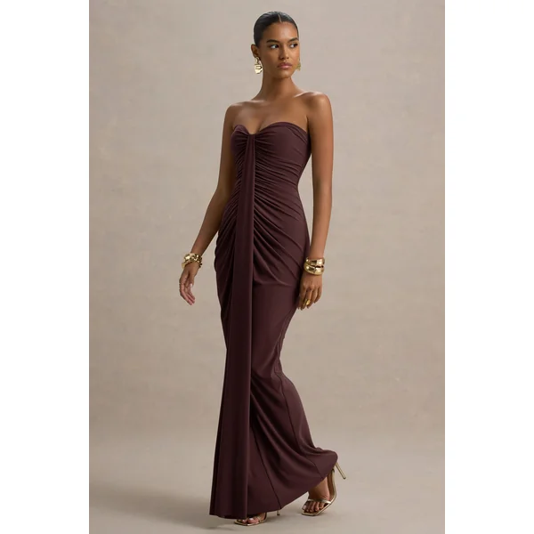Ali | Robe Longue Marron à Encolure Cœur Froncée et Drapée