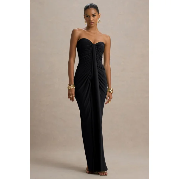 Ali | Robe Longue Noire à Décolleté Cœur Froncé et Nœud Drapé