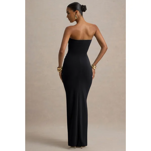 Ali | Robe Longue Noire à Décolleté Cœur Froncé et Nœud Drapé
