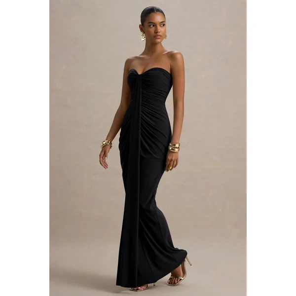 Ali | Robe Longue Noire à Décolleté Cœur Froncé et Nœud Drapé