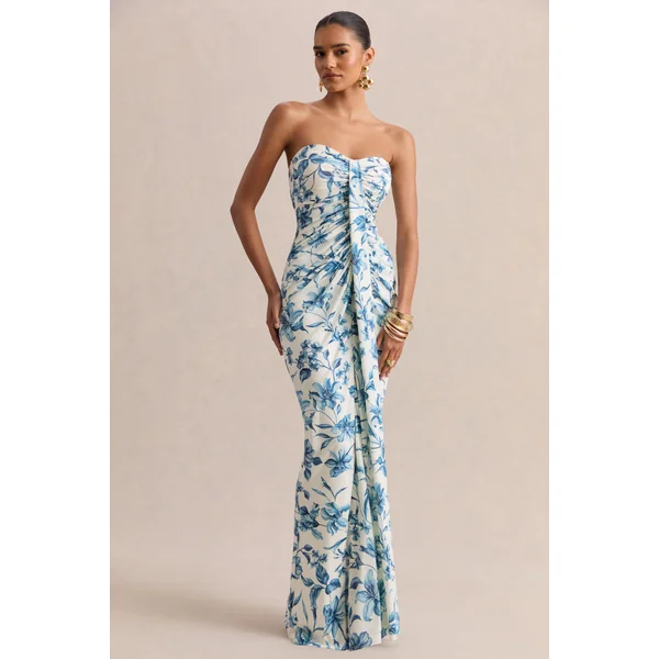 Ali | Robe longue portefeuille froncée à encolure cœur et imprimé porcelaine bleu