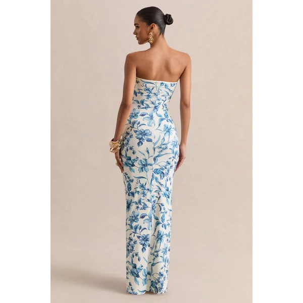 Ali | Robe longue portefeuille froncée à encolure cœur et imprimé porcelaine bleu