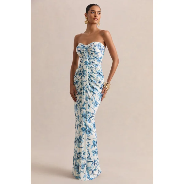 Ali | Robe longue portefeuille froncée à encolure cœur et imprimé porcelaine bleu