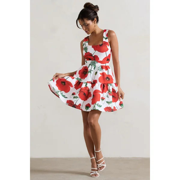 Alia | Mini-robe à imprimé coquelicot décolleté arrondi avec ourlet à volants volumineux