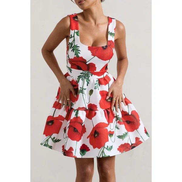 Alia | Mini-robe à imprimé coquelicot décolleté arrondi avec ourlet à volants volumineux