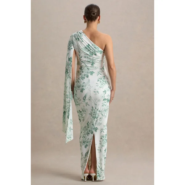 Aliana | Robe longue de maternité asymétrique à imprimé porcelaine verte avec détails froncés