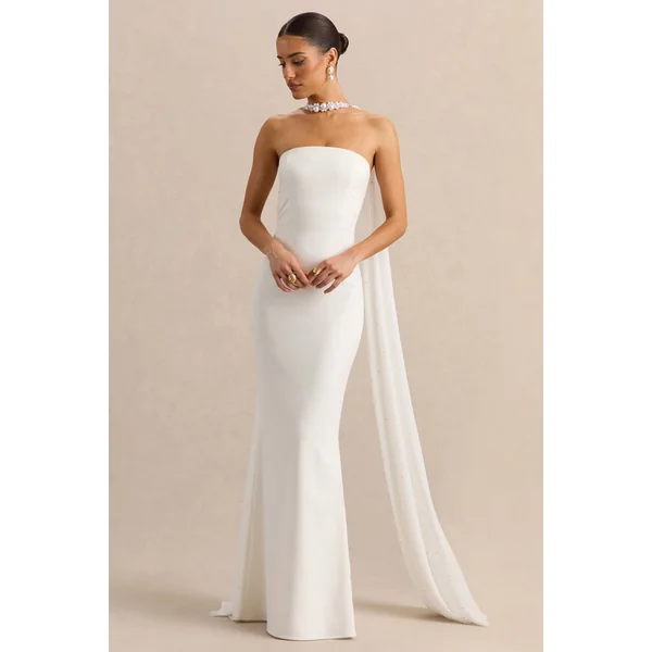 Alina | Robe longue bandeau blanche avec cape