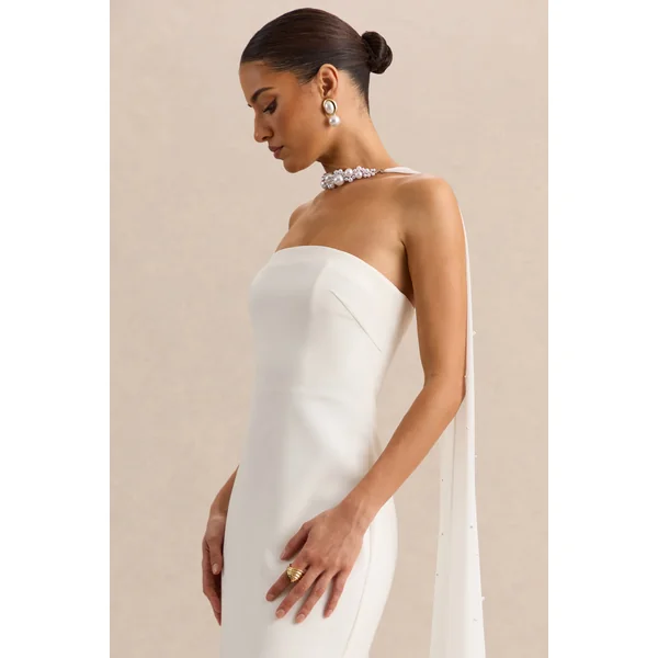Alina | Robe longue bandeau blanche avec cape